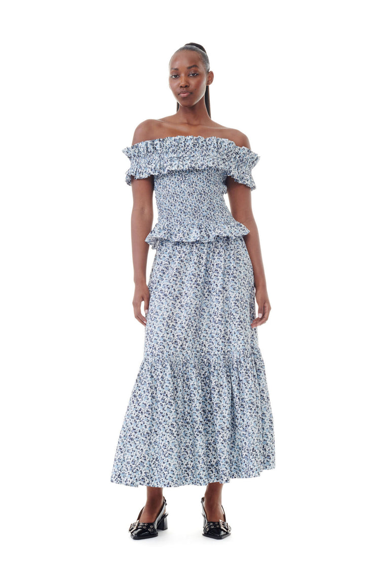 Printed Cotton Maxi Flounce Skirt - Glacier Lake